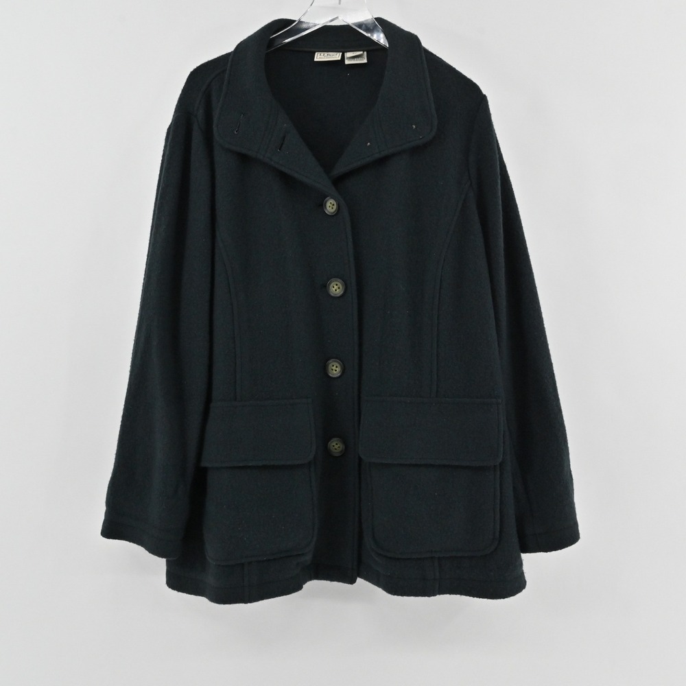 LL Bean Boiled Wool Jacket Women Size 2X EXT Black Pea Coat Button Chore Utility